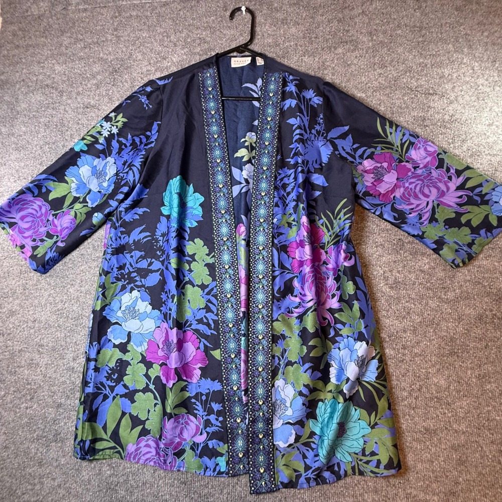 Susan Graver Graver Navy Blue Floral Studded Open Front Kimono Topper Medium